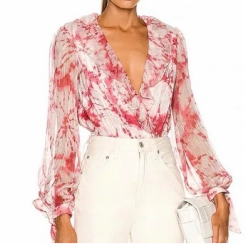 Rococo Sand Ava Bodysuit sz Small ruffles balloon sleeve rosewood tie dye